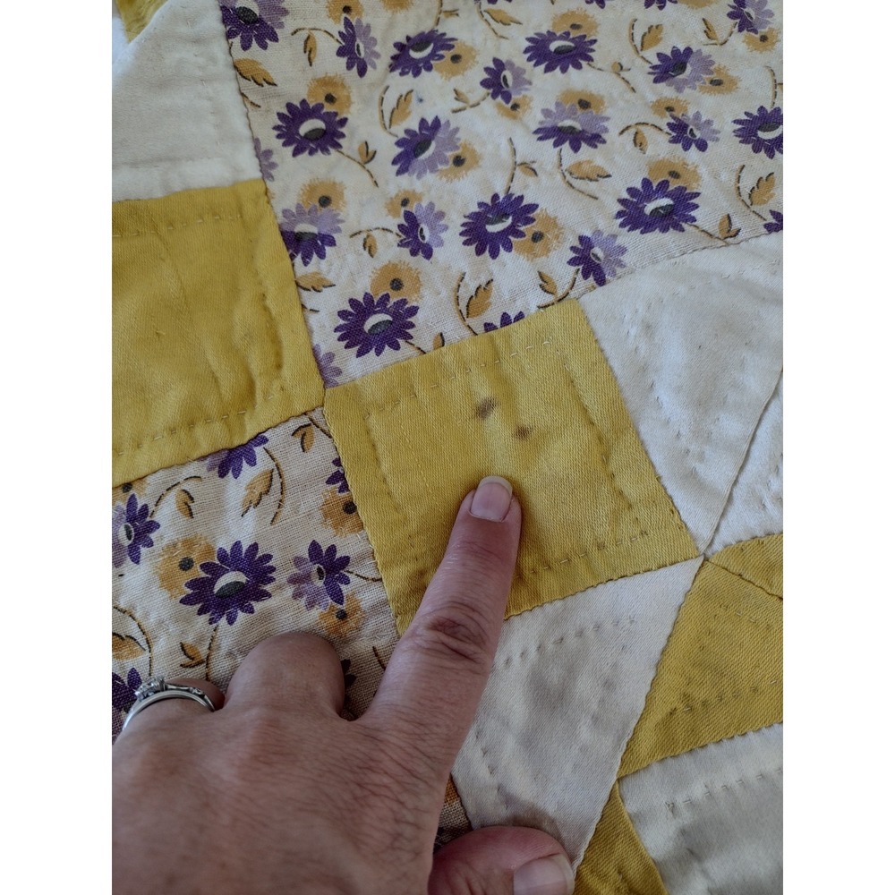 Vtg 30s WINDMILL QUILT Purple Yellow Floral Calico Scalloped Border Hand Quilted - Picture 6 of 10